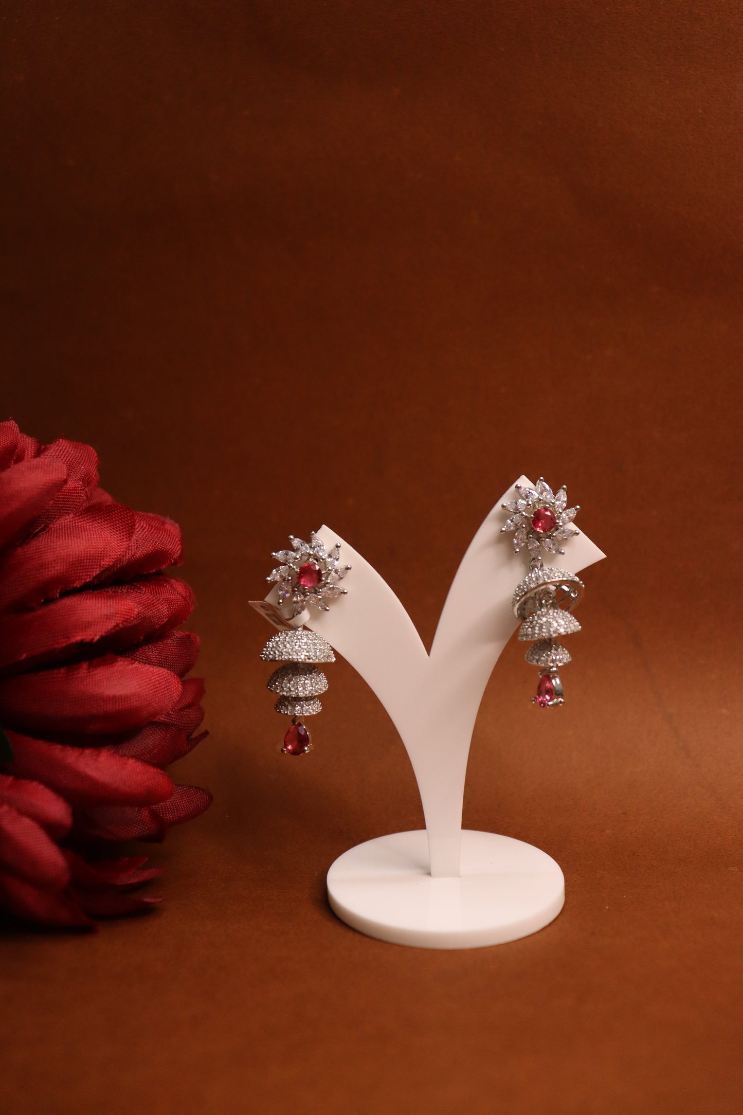 CZ Ruby Flower Drop Earring