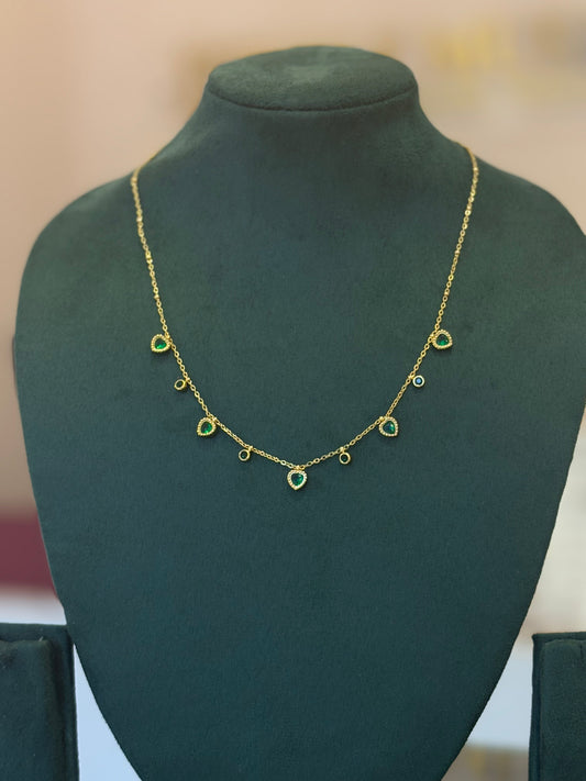 GOLDEN DANGLE GREEN HEARTS NECKLACE - JewelsMuse